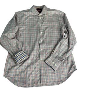 Egara Men's sz Large Orange Blue Plaid Slim Fit Stretch Non Iron Button Up Shirt